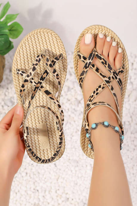Sandale kaki cu talpă împletită și barete tip leopard, stil boho