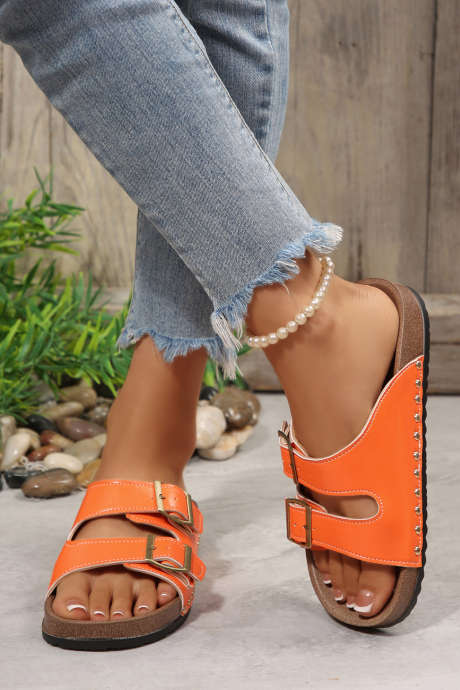 Orange Retro Buckle Cutout Straps PU Leather Studded Slippers BH024395-P14