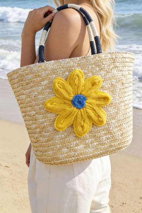 Dilaw na Detalye ng Bulaklak na Gantsilyo na Boho Beach Straw Woven Handbag