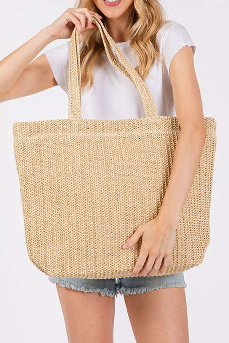 Bag na Tote Bag na Hinabi sa Straw na may Pergamino para sa Tag-init sa Dalampasigan na may Solidong Kulay BH031671-P6016