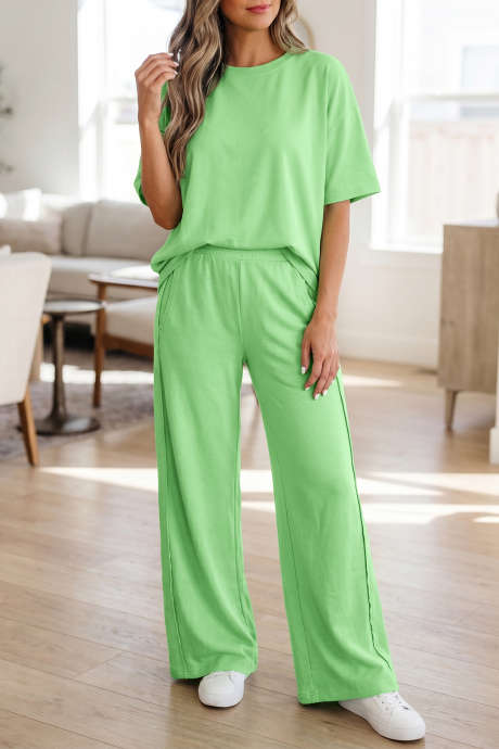Conjunto de 2 peças verde liso com camiseta oversized, bolsos e calça casual LC629166-P9