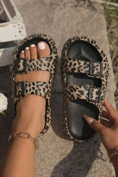 Papuci Bristol negri retro cu cataramă dublă și imprimeu leopard, confortabili, din EVA
