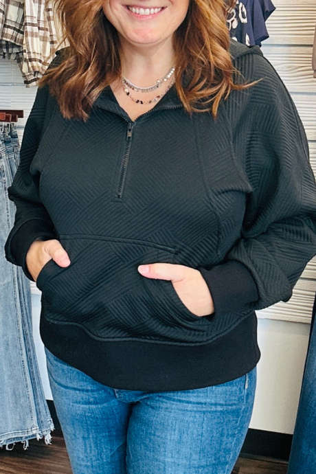 Black Cozy Textured Quarter-Zip Hoodie Tunic for Casual Daily Wear