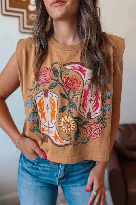 Camel Western Floral Print na Walang Manggas na Round Neck Regular Fit na Pang-itaas