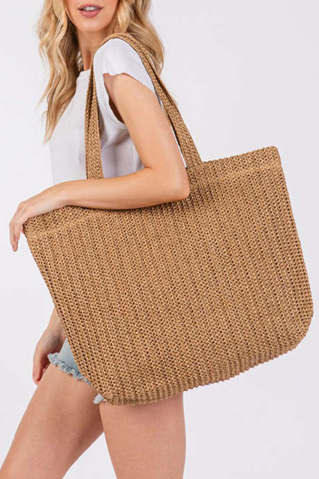 Camel Solid Color Straw Woven Summer Beach Tote Bag BH031671-P1016