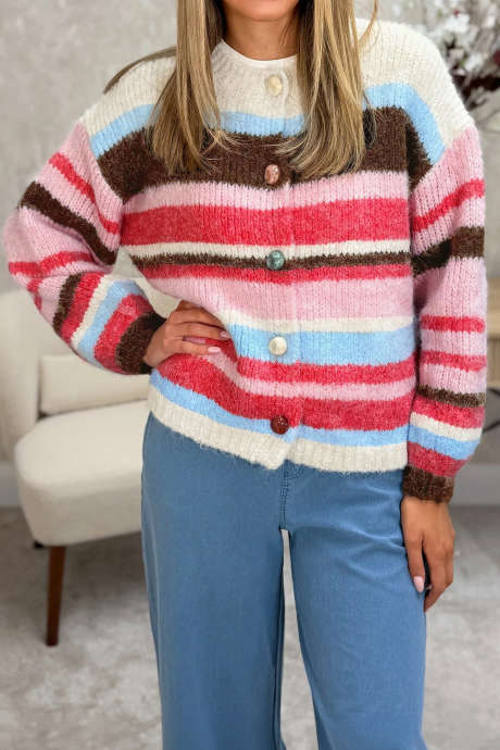Pink Stripe Drop Shoulder Striped Colorblock Cardigan Regular Wash Casual Knitwear
