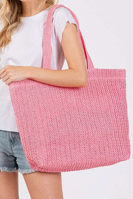 Sac cabas d'été en paille tressée rose uni BH031671-P10