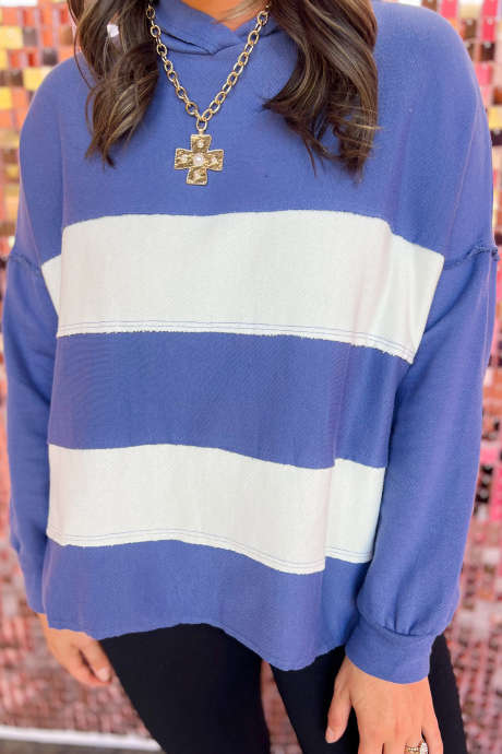Blue Stripe Hooded Patchwork Colorblock Sweatshirt Tunic Long Sleeve Casual Wholesale