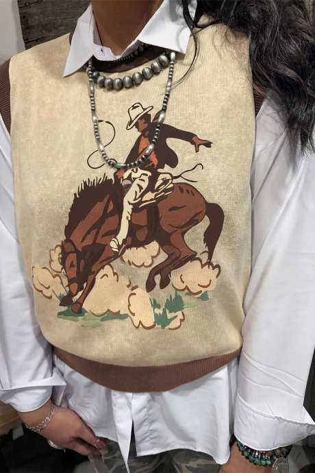 Χακί Πλεκτό Γιλέκο με Στάμπα Western Colorblock, Κανονικό Μήκος