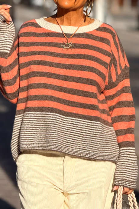 Orange Stripe Casual Striped Round Neck Long Sleeve Sweater for Daily Outdoor Wear