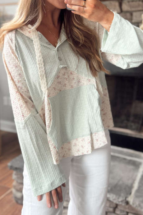 Clearly Aqua Casual Patchwork Floral Hooded Long Sleeve Regular Fit Pullover