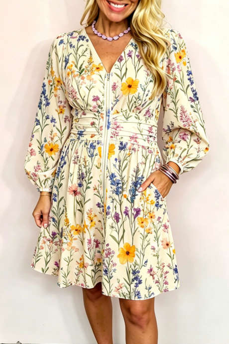 Khaki Floral Print Zip Front Long Sleeve Shift Dress Short Casual Daily Wear