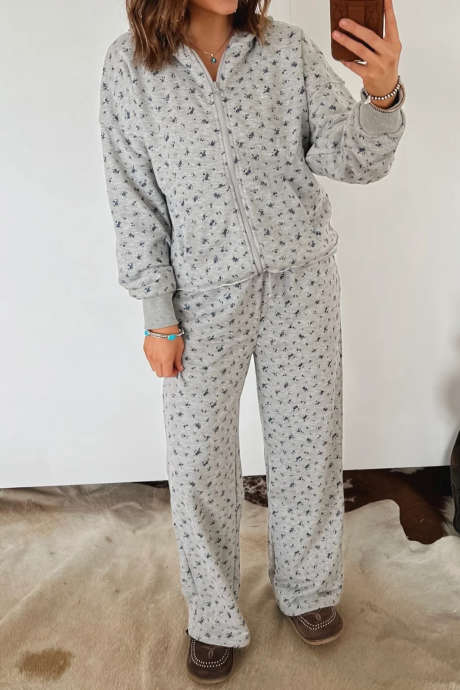 Gray Floral Print Casual Two Piece Set Long Sleeve Shift Silhouette Pantsuit