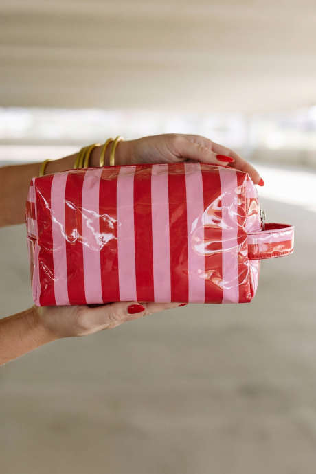 Fiery Red PVC Striped Cosmetic Bag Durable Zipper Handle Travel Organizer BH031646-P3