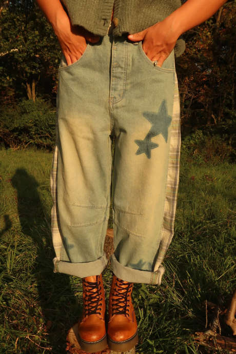 Beau Blue Relaxed Fit Patchwork Plaid Stars Casual Jeans
