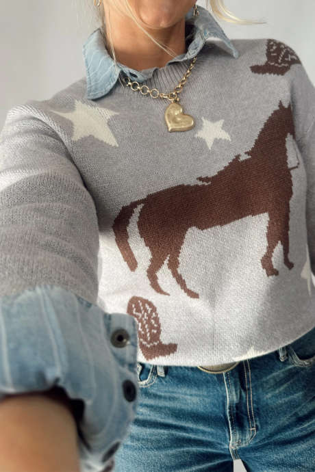 Gray Western Print Pullover Sweater with Stars and Horse Design