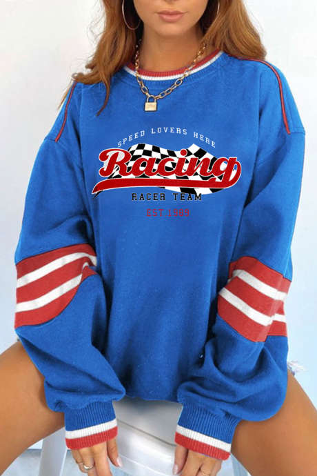 Sky Blue Abstract Racing Print Long Sleeve Crewneck Sweatshirt Casual Shift Fit Pullover