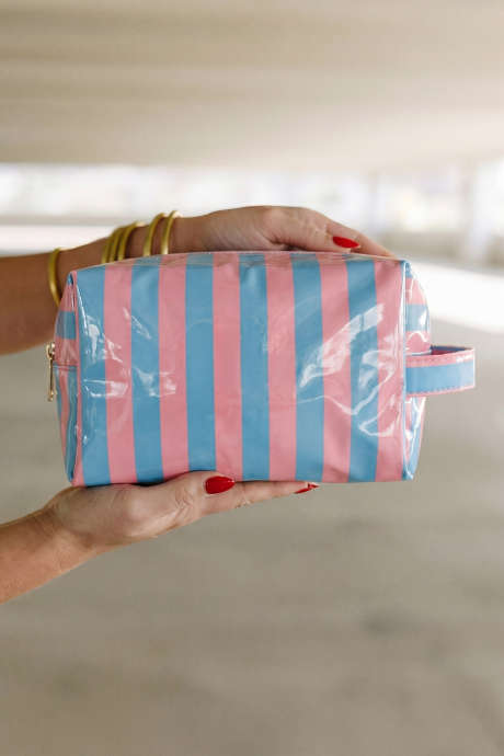 Trousse de toilette rayée en PVC bleu crépuscule, résistante, avec fermeture éclair et poignée, organisateur de voyage BH031646-P704