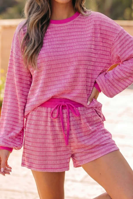 Pink Stripe Striped Twist Rib Two Piece Set Long Sleeve Casual Pants Set