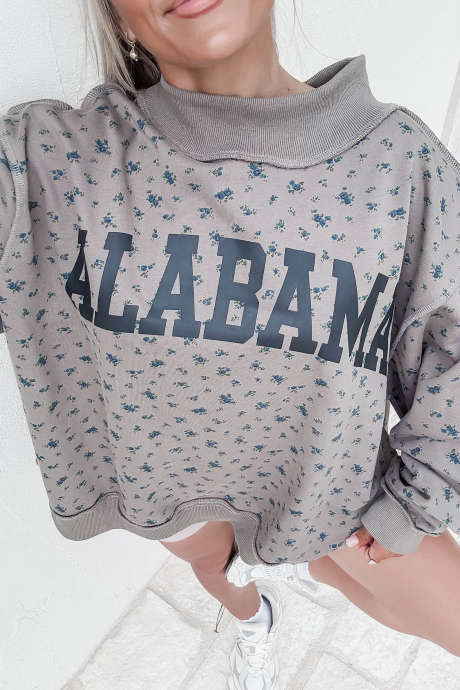 Γκρι Φούτερ Alabama με Στάμπα και Ψηλό Γιακά, Μακρυμάνικο, Casual Πουλόβερ