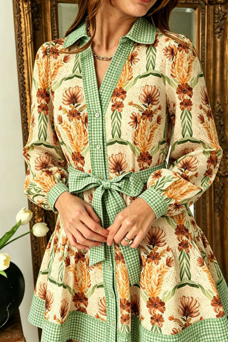 Yellow Floral Print Long Sleeve Shift Dress with Gingham Trim Casual Short Length One Piece