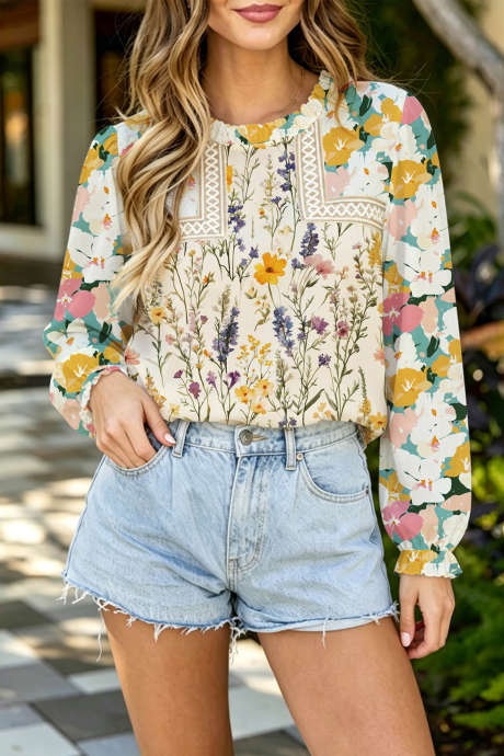 Bluză kaki cu imprimeu floral și mânecă lungă, tip sleeve, casual, pentru purtare zilnică