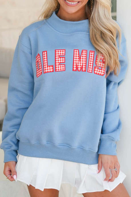 Beau Blue Gingham Embroidered Letter Sweatshirt Long Sleeve High Neck Casual Pullover
