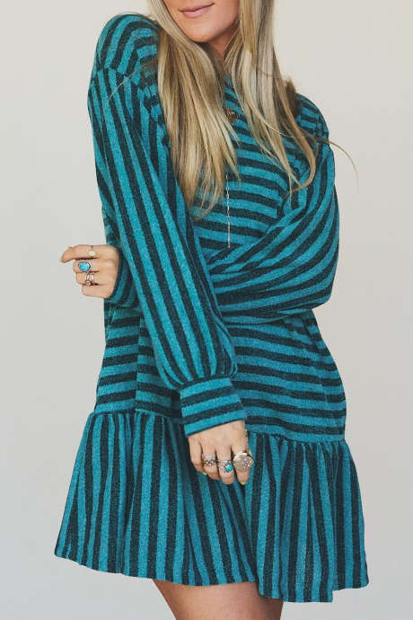 Green Stripe Striped Long Sleeve Mini Shift Dress Casual Daily Wear