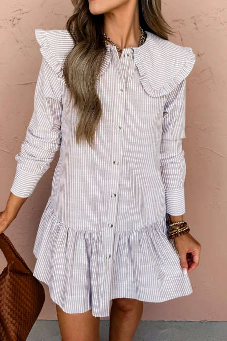Brown Stripe Striped Mini Dress Long Sleeve Casual Shift Button Front Collar Neckline