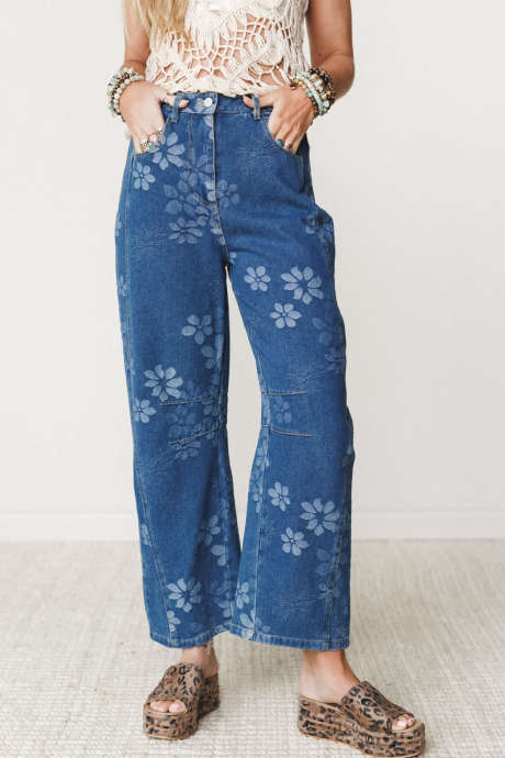 Blue Floral Print Ankle-Length Shift Jeans Casual Daily Wear Denim Pants