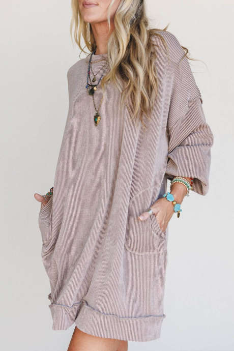 Goat Twist Rib Knit Long Sleeve Short Dress Casual Shift Style with Pockets