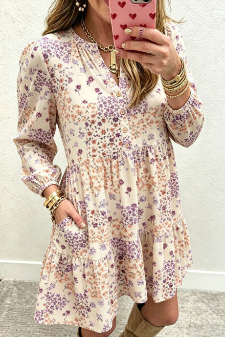Purple Floral Print Long Sleeve Shift Dress with Ruffled Hem Casual Short Dress