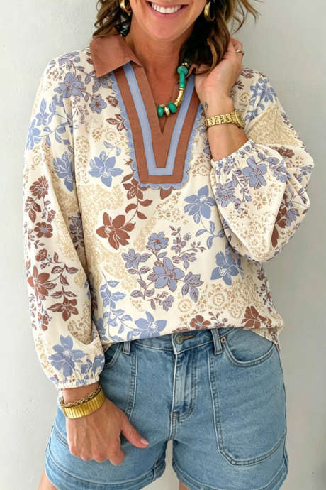 Bluză albă cu imprimeu floral și decolteu în V, cu mânecă lungă, casual, tip shift