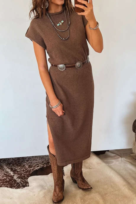 Coffee Short Sleeve Western Split Dress Shift Long Beach Vacation Outdoor Daily One Piece Solid Knit