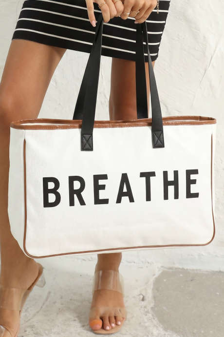 White Canvas BREATHE Print Summer Beach Tote Bag BH031686-P1