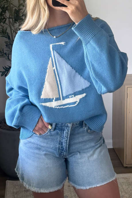 Blue Pink Knit Sweater Sailboat Graphic Casual Loose Fit Long Sleeve Pullover