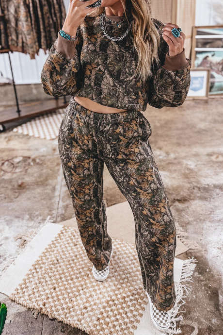 Brown Abstract Print Long Sleeve Two Piece Set Casual Loose Fit Pantsuit