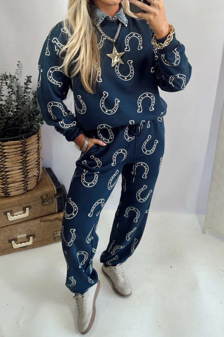 Blue Western Print Two Piece Set Long Sleeve Shift Silhouette Daily Wear Pants Suit