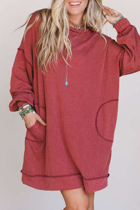 Mineral Red Twist Rib Knit Long Sleeve Short Dress Casual Shift Style with Pockets