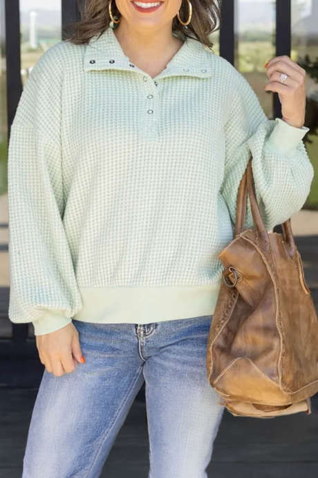 Moonlight Jade Long Sleeve V Neck Waffle Knit Tunic Top Casual Loose Fit Pullover Sweatshirt