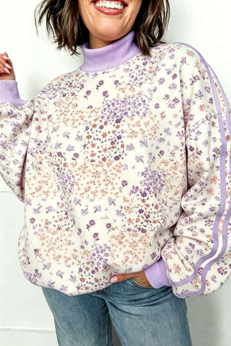 Purple Floral Print High Neck Long Sleeve Shift Sweatshirt