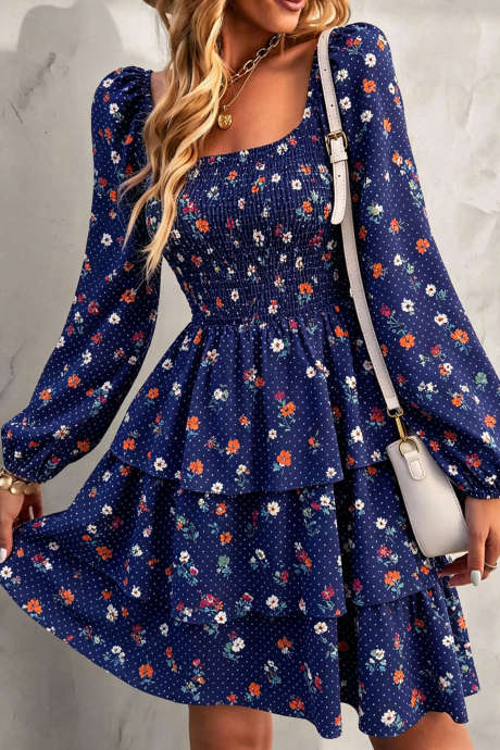 Blue Floral Print Smocked Long Sleeve Short Shift Dress for Daily Casual Wear