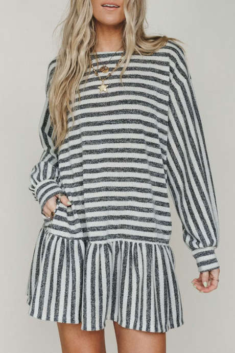 Beige Stripe Striped Long Sleeve Mini Shift Dress Casual Daily Wear