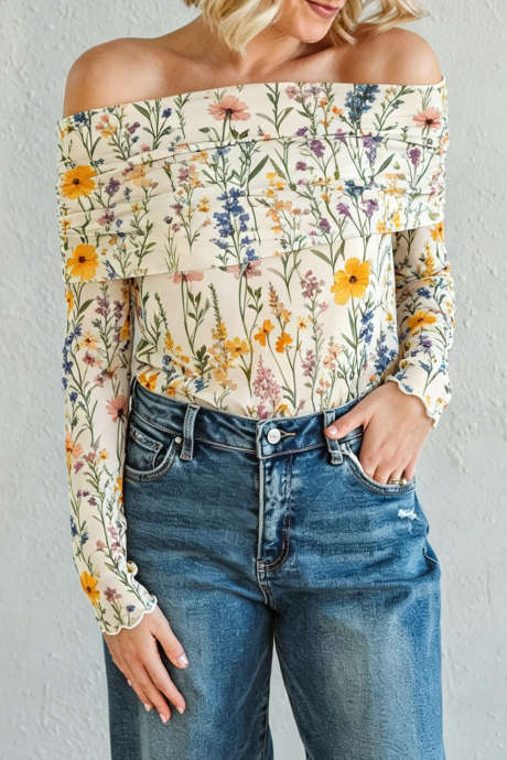Khaki Floral Print Off Shoulder Long Sleeve Bodysuit Casual Daily Wear