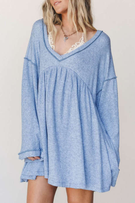 Beau Blue Relaxed Fit Long Sleeve Dress with Ruffled Neckline and Hem Detail Shift Style