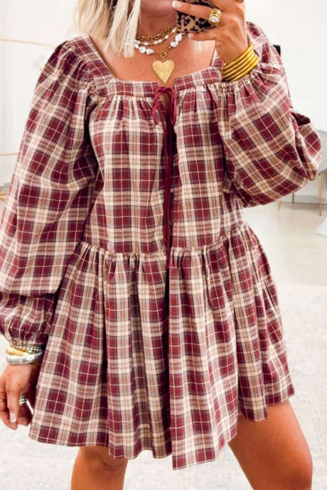 Red Plaid Long Sleeve Mini Dress Casual Daily Shift Dress