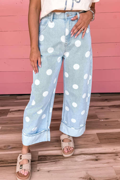 Sky Blue Casual Polka Dot Ankle-Length Regular Jeans