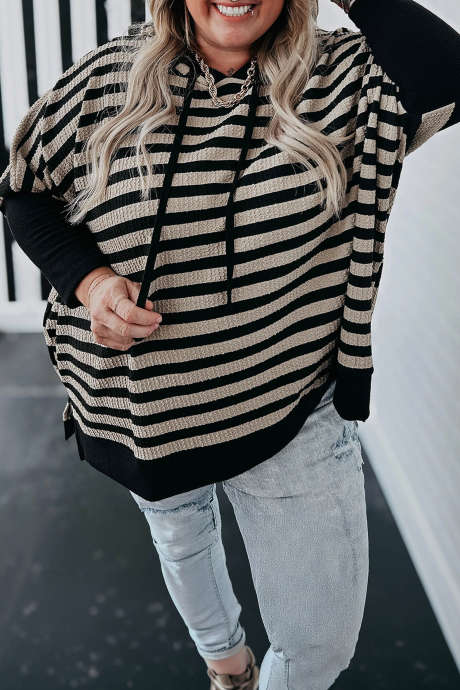 Black Stripe Striped Tunic Hoodie Long Sleeve Casual Sweatshirt