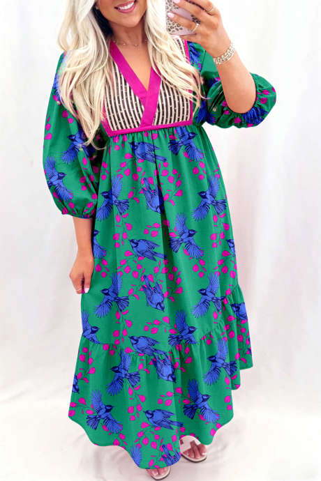 Dark Green V Neck Long Sleeve Abstract Print Casual Shift Dress