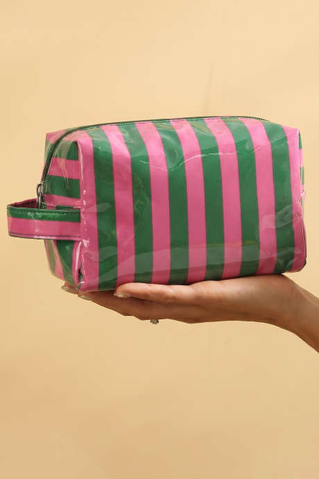 Madilim na Berdeng PVC Striped Cosmetic Bag na Matibay na May Hawakan na Zipper para sa Paglalakbay na Organizer